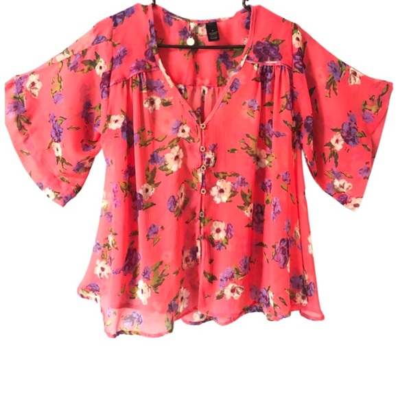 BKE Size S. Sheer Flowy Floral Blouse Coral/Pink Short Sleeve Button Front - Picture 1 of 7